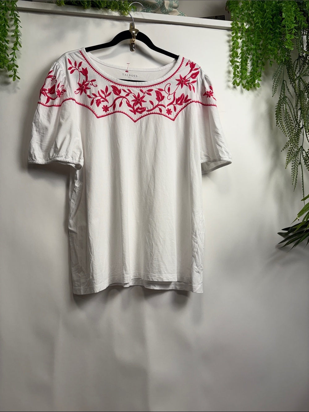 Talbots White Short Sleeve Top with Pink Floral Embroidery Yoke